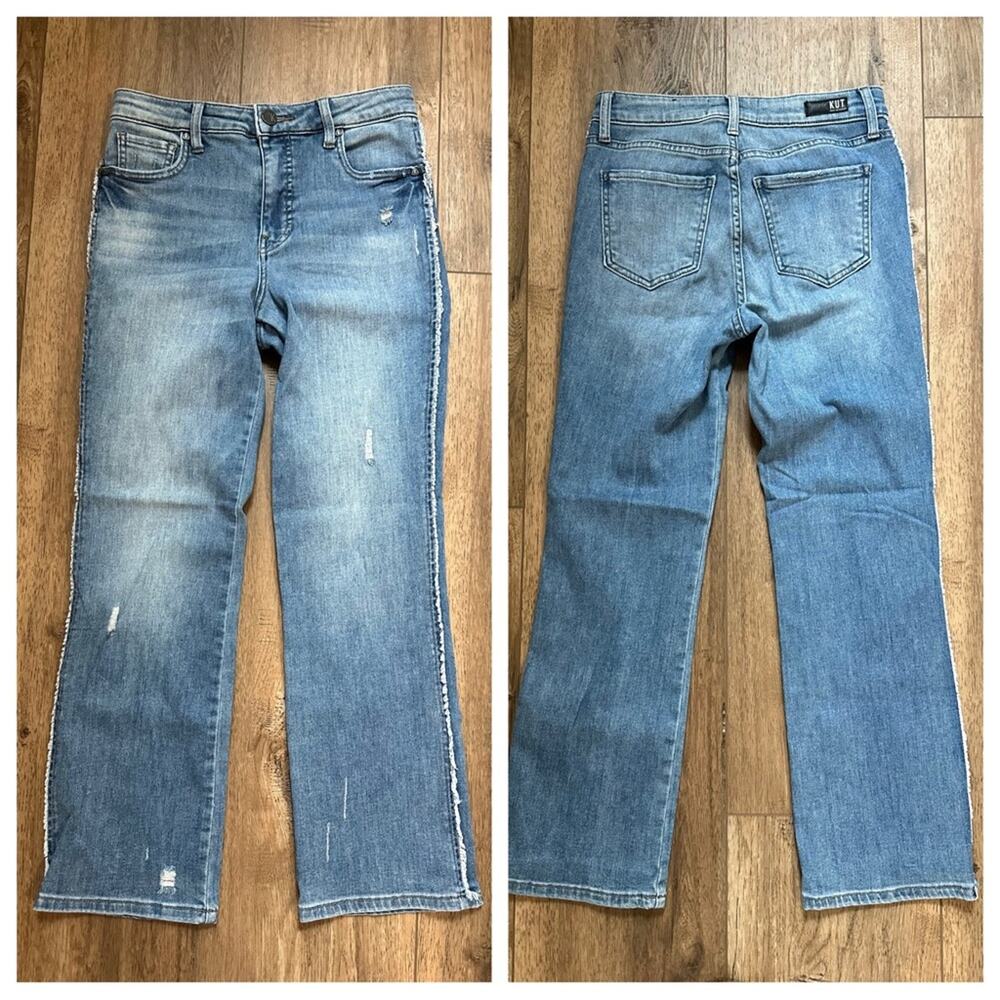 KUT from the Kloth Distressed Jeans Ankle Straight, Side Hem Detail, Med Wash, 0